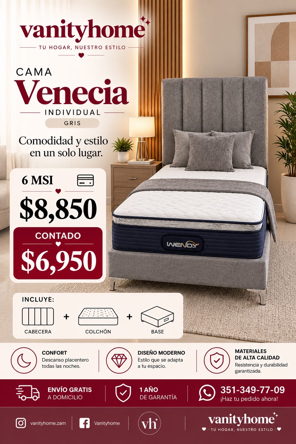 Cama Venecia Individual Gris