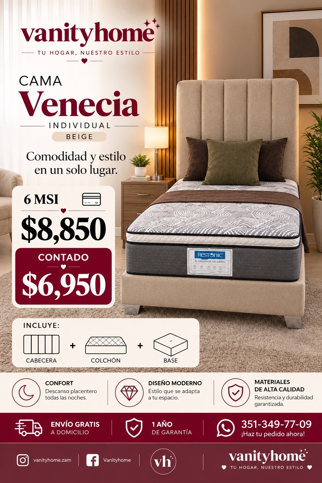 Cama Venecia Individual Beige