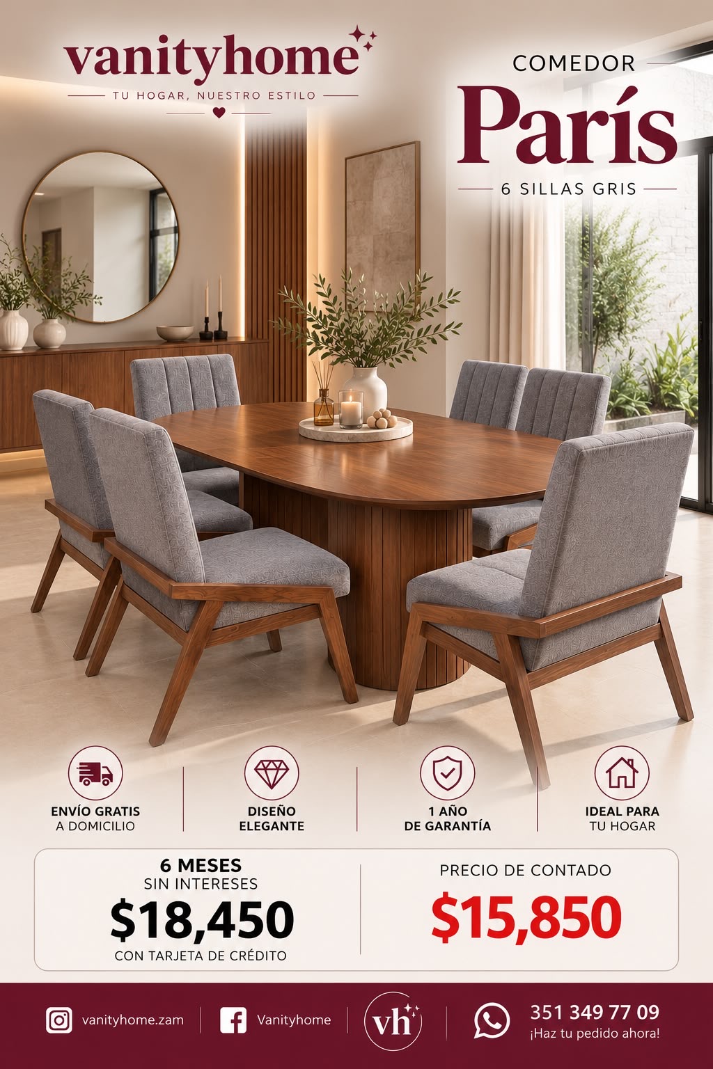 Comedor Paris Gris 6 Sillas