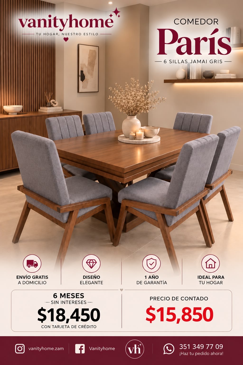 Comedor Paris Gris 6 Sillas