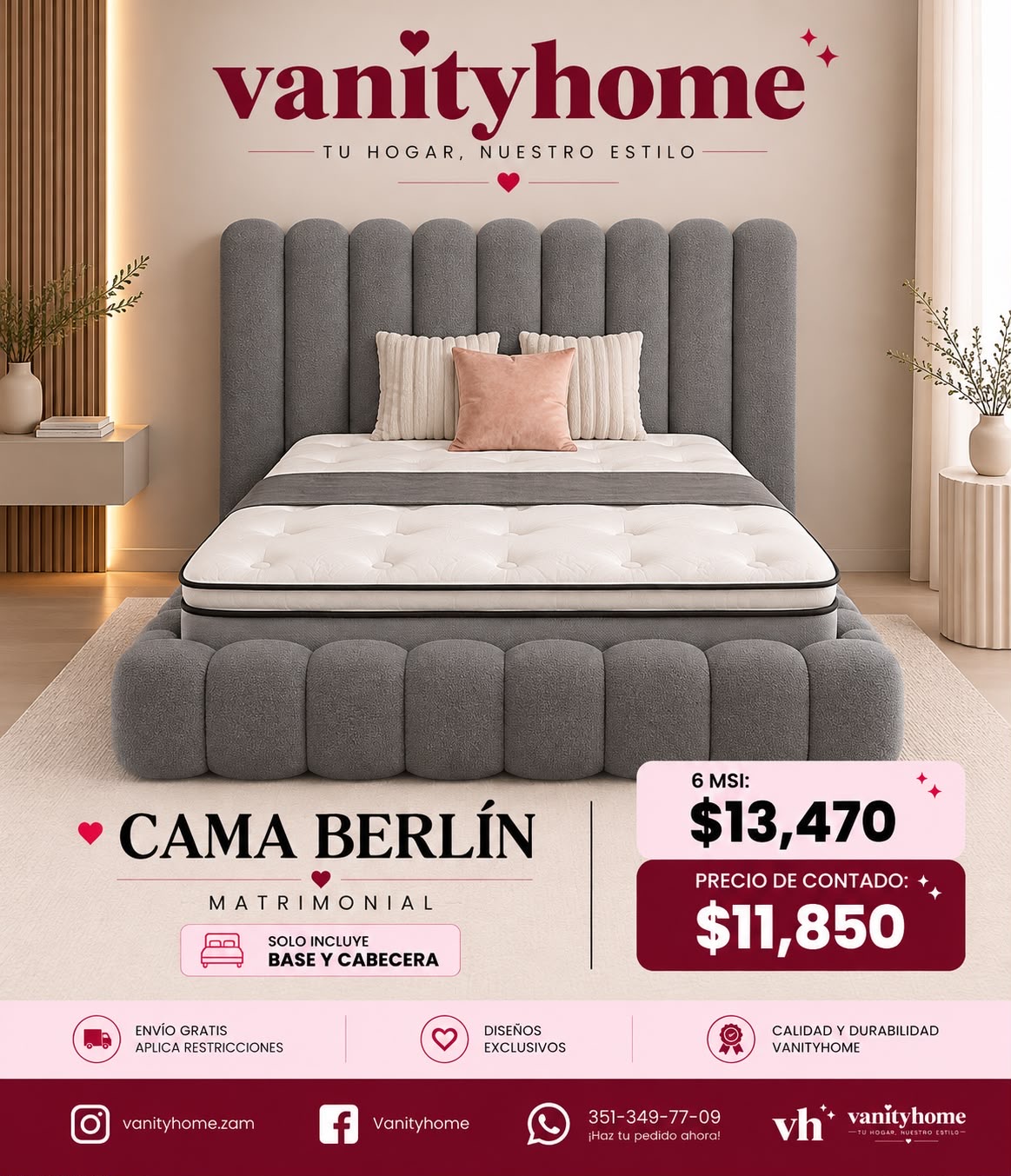Cama Berlin Gris Matrimonial