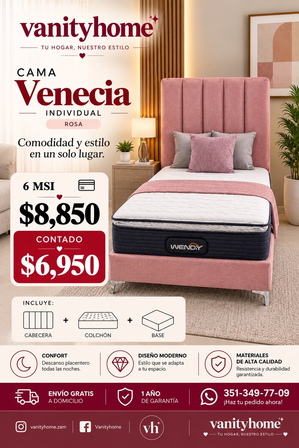 Cama Venecia Individual Rosa