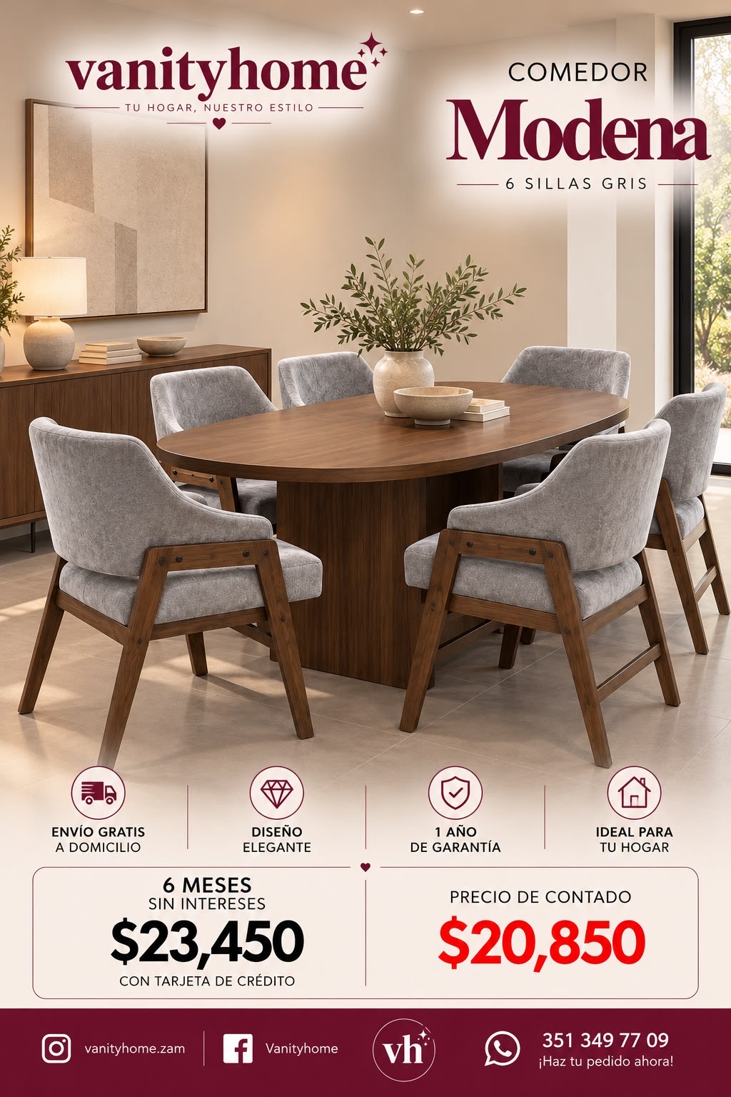 Comedor Modena Gris 6 Sillas