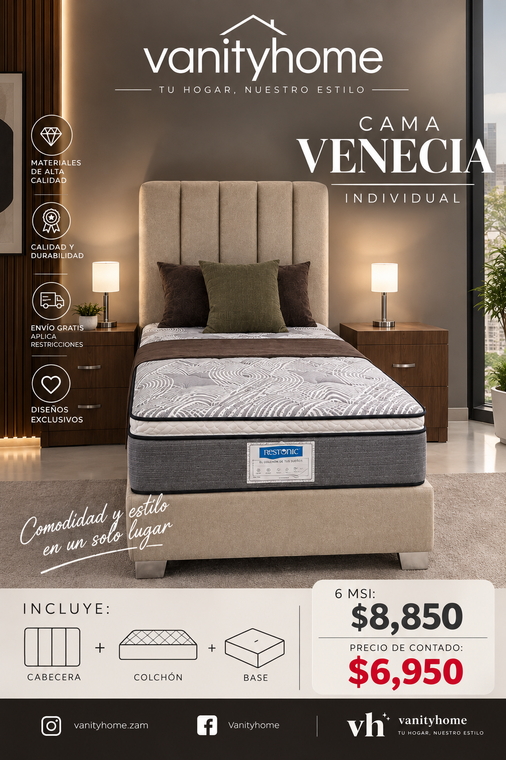 Cama Venecia Individual Beige