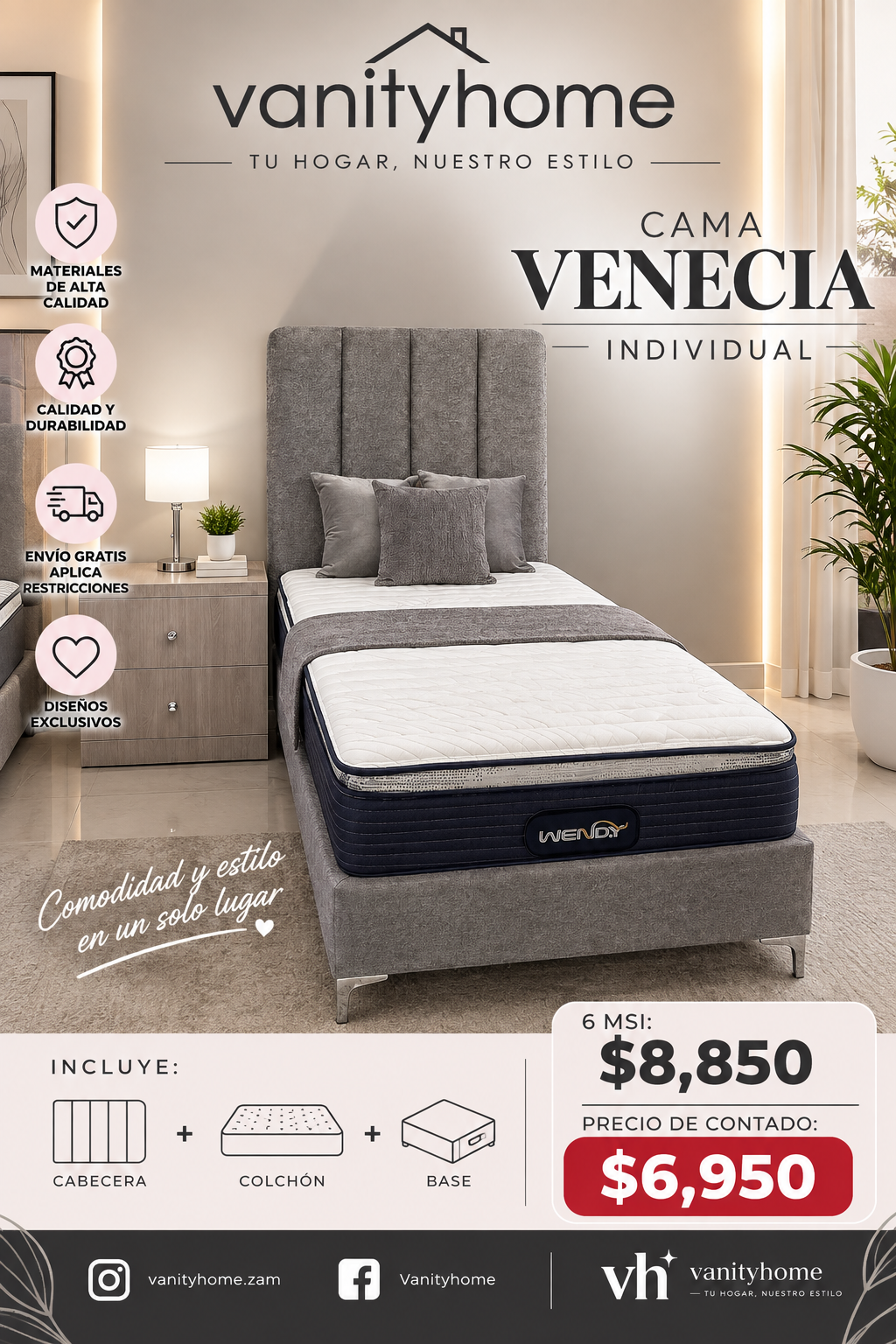 Cama Venecia Indovidual Gris
